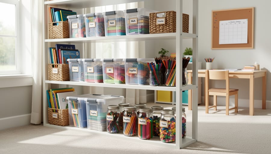 Overhead view of various affordable storage containers and organizers filled with homeschool supplies