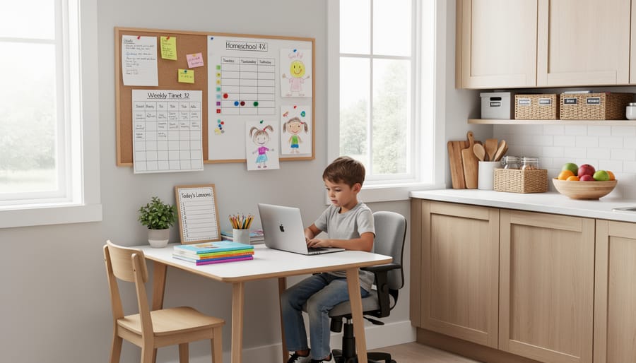 Simple homeschool learning corner set up in kitchen with table, storage bins, and books