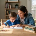 Parent helping an elementary-age child with schoolwork at a sunlit kitchen table, with a pencil caddy, a few books, and mismatched chairs; simple bookshelf and potted plant softly blurred in the background.