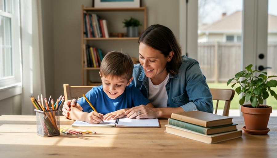 Parent helping an elementary-age child with schoolwork at a sunlit kitchen table, with a pencil caddy, a few books, and mismatched chairs; simple bookshelf and potted plant softly blurred in the background.