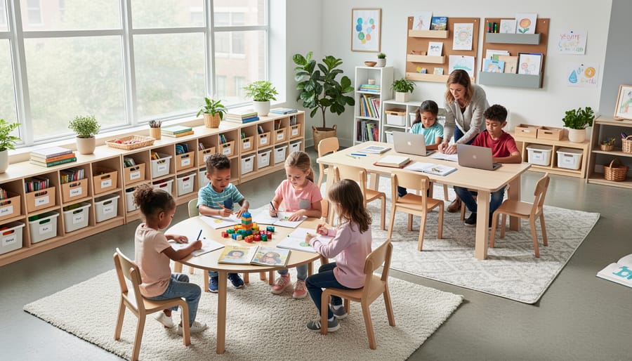 Children of different ages working together at shared homeschool table with various learning materials