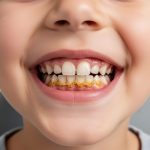 “Close-up of a child’s lower front teeth showing a yellow-brown tartar ridge along the gum line, suggesting calculus bridge.”