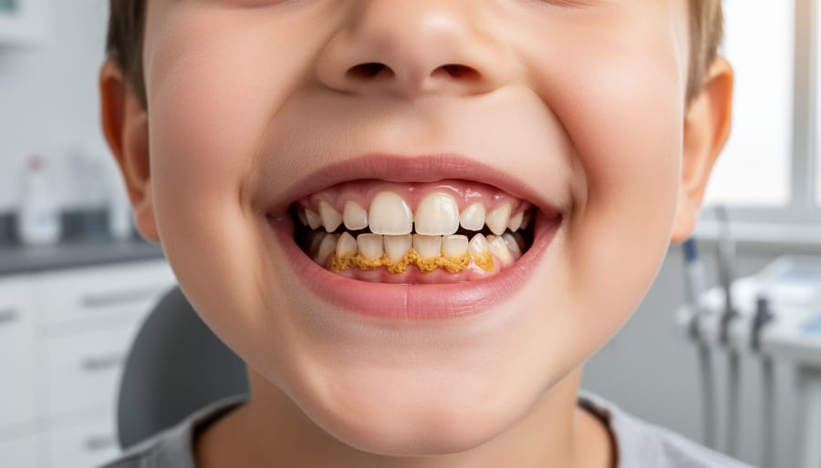 “Close-up of a child’s lower front teeth showing a yellow-brown tartar ridge along the gum line, suggesting calculus bridge.”