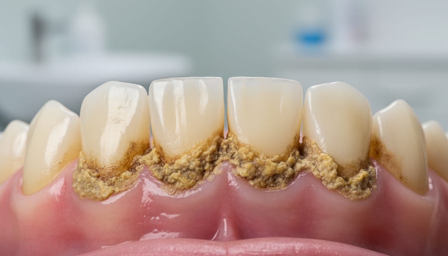 Macro close-up of a child’s teeth with a crusty brown tartar ridge along the gumline