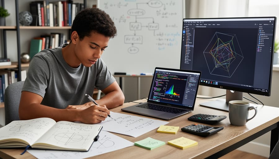 Laptop and notebook next to a small craft 3D model on a desk, illustrating applied learning.