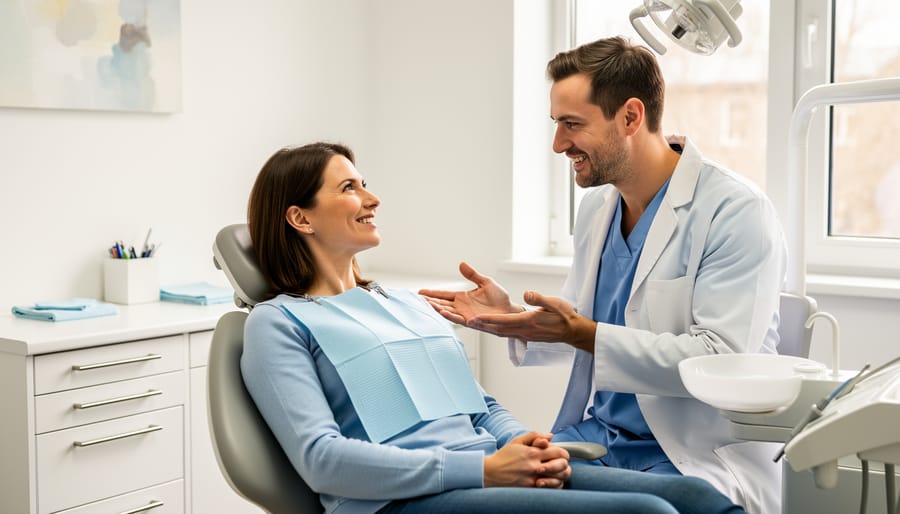 Parent comforting a child in a dental clinic waiting area before a checkup