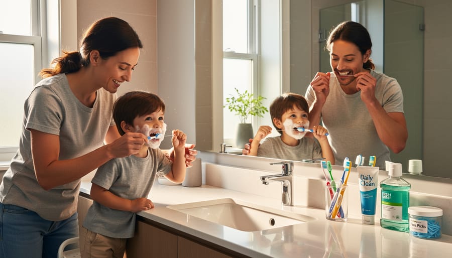 Toothbrush, fluoride toothpaste, and floss arranged for a child’s daily dental routine