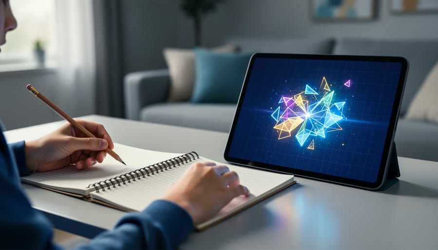 Home study scene with an open notebook and pencil beside a tablet showing an abstract vector transformation on a blue grid background.