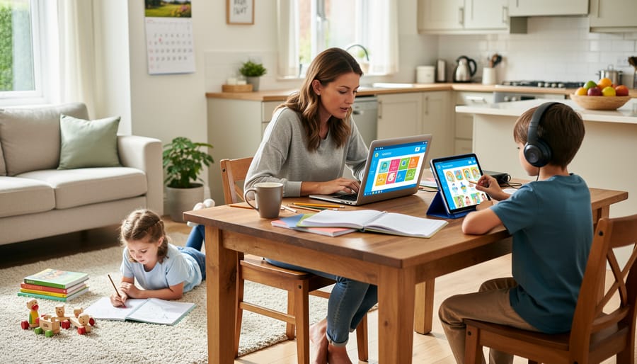 Parent and children working at a kitchen table with a tablet while doing homeschool math
