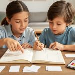 Homeschool parent and child reviewing blank worksheets and data cards on a table, with a smartphone showing an unlabeled forecast-style graphic in the background.