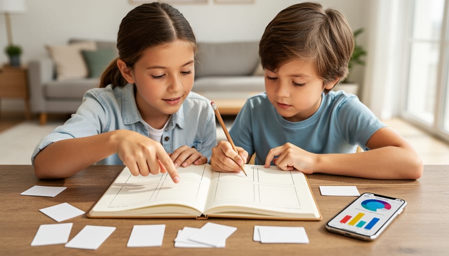 Homeschool parent and child reviewing blank worksheets and data cards on a table, with a smartphone showing an unlabeled forecast-style graphic in the background.