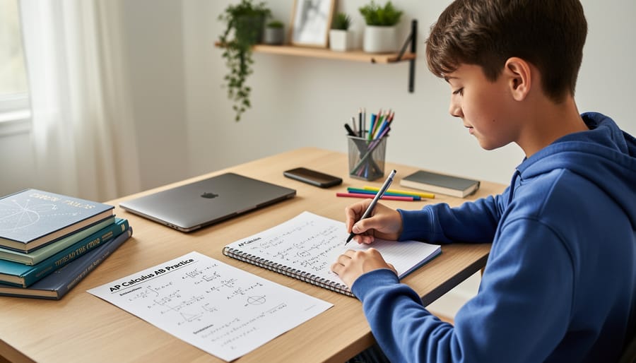 Homeschool student writing longhand math problems at a desk with a calculator nearby.