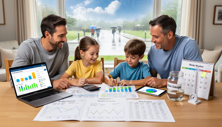 A parent and child at a kitchen table preparing homeschooling plans with weather-related materials