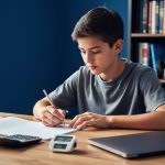 Homeschool student studying AP Calculus AB practice exam materials at a desk with a timer and calculator, shown in a calm, focused environment.