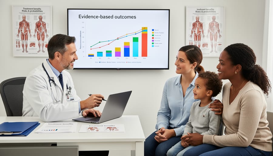 Clinician holding a heart model and clipboard in a medical office setting
