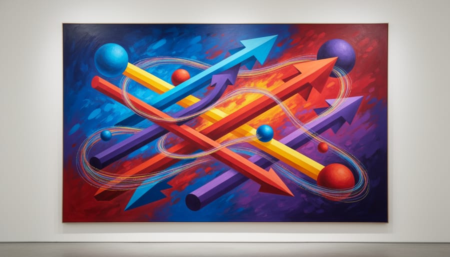 A suspended mobile with metallic rods and colored spheres suggesting vector movement.