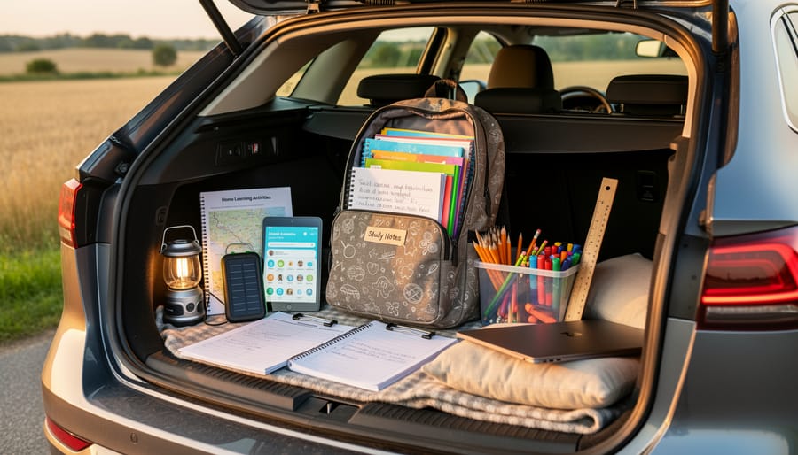 Tablet and math materials packed for learning while on the go in an open car trunk