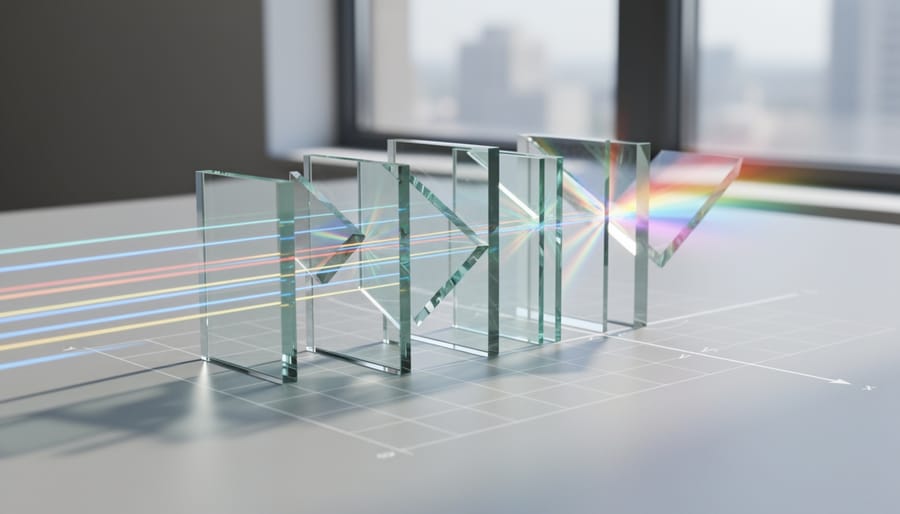 Transparent glass panes creating overlapping light reflections in a dark room.