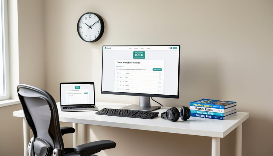 Calculator and notebook arranged on a quiet desk with a small timer, suggesting practice exam conditions.