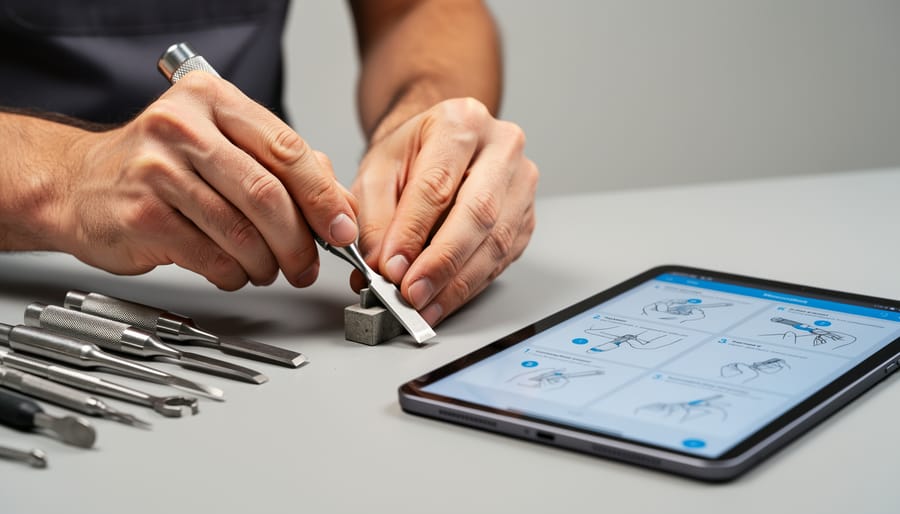 Close-up of hands holding a stylus over a notebook while using a tablet for homeschool math