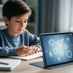 Student using a tablet for homeschool math at a desk with pencil and notebook nearby in a bright, calm room.