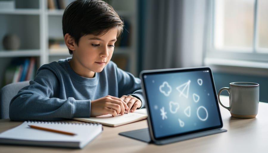 Student using a tablet for homeschool math at a desk with pencil and notebook nearby in a bright, calm room.