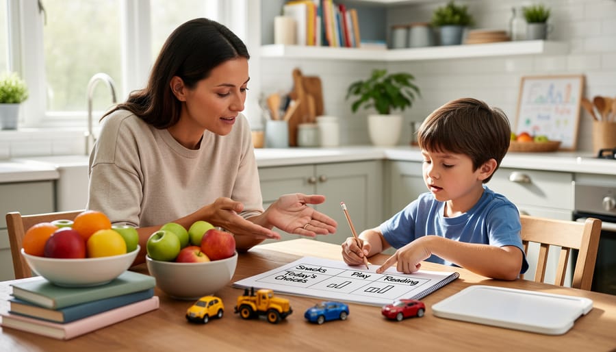 A parent and child at a kitchen table using a jar of colored cards to represent observations during homeschool statistics practice.