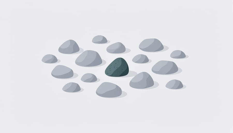 Close-up of a bowl of mixed stones where one larger darker stone stands out among smaller stones