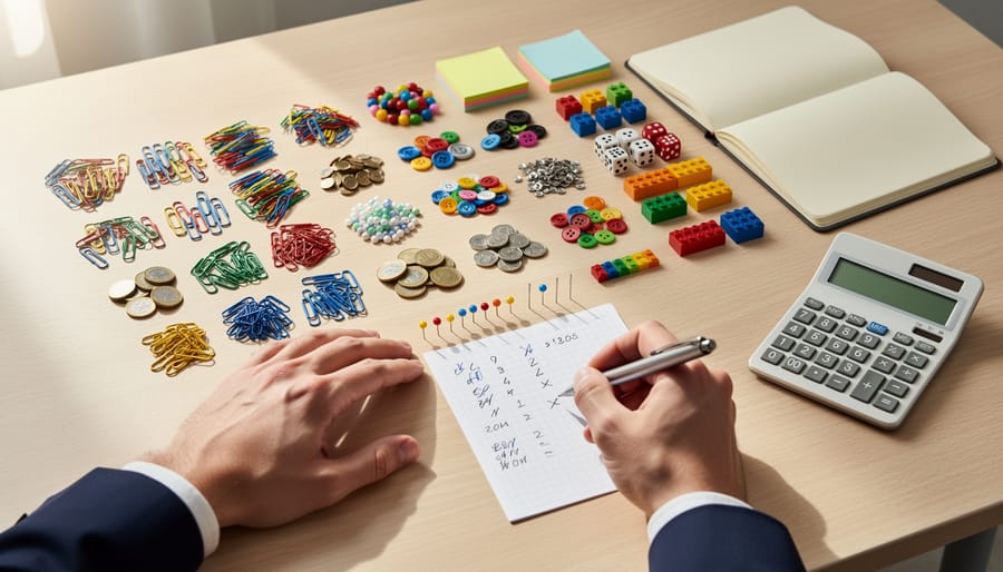 Close-up of a glass jar with mixed colored buttons and beads beside a notebook on a table