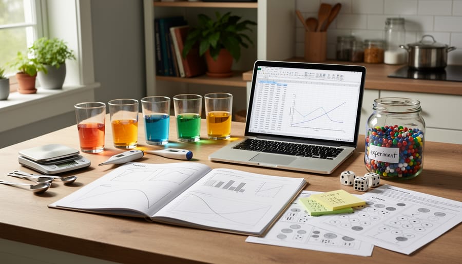 Family experiment materials including a small potted plant, soil tray, magnifier, and blank notebook on a floor