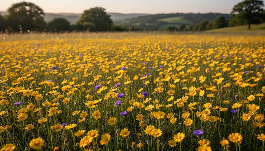 Ground-level view of diverse wildflowers in a garden patch in golden hour sunlight.