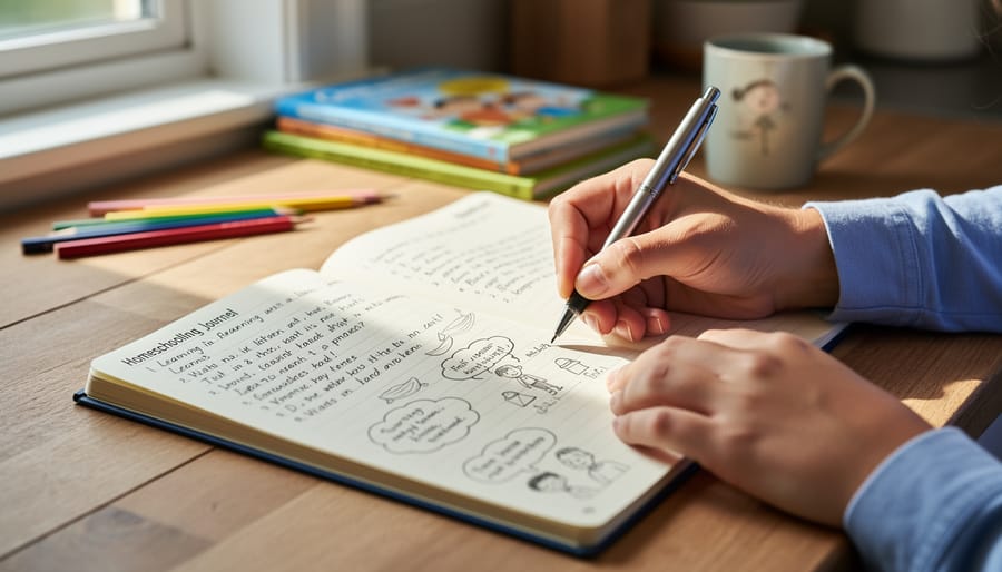 Hands writing in an open homeschooling journal on a wooden desk beside books and pencils