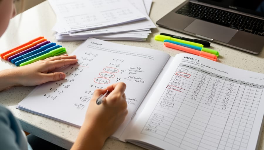 Homeschool desk with graded worksheets, a pencil, and an open notebook showing handwritten notes without readable text