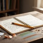 “Open homeschool journal on a wooden table with a pencil and learning mementos like a pressed leaf and small craft supplies, photographed in soft natural light.”