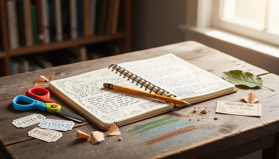 “Open homeschool journal on a wooden table with a pencil and learning mementos like a pressed leaf and small craft supplies, photographed in soft natural light.”