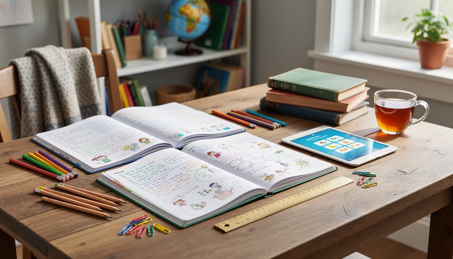 Homeschool learning materials on a table including a notebook, crayons, and a small plant