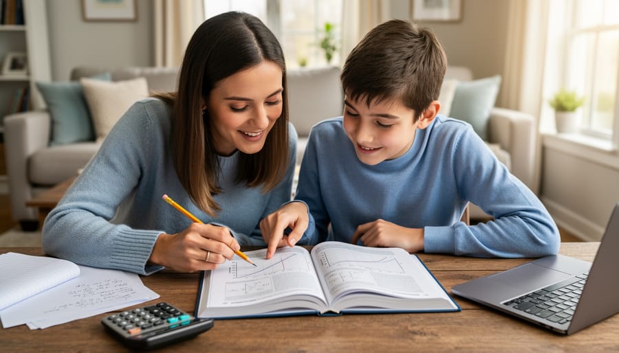 Homeschool parent and teen studying an open book at a dining table with notebook and pencil
