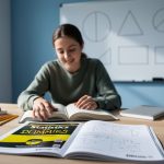 Homeschool parent studying statistics with an open book on a wooden desk, with a softly blurred board in the background suggesting learning support.