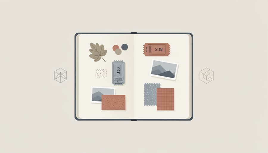 Open homeschooling journal with a leaf, watercolor brush, and non-readable keepsakes resting on a couch