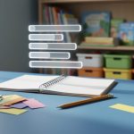 Homeschool desk with a notebook and pencil, showing one separated score card farther from a cluster to represent an outlier in statistics.
