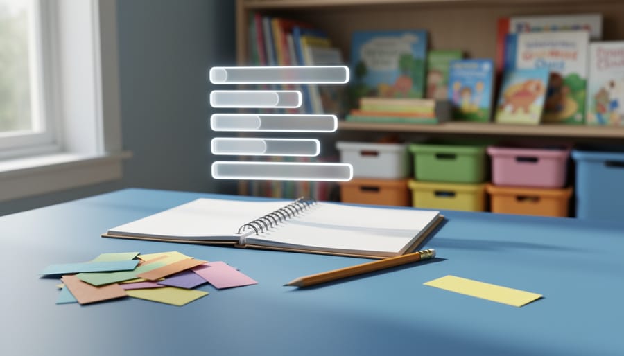 Homeschool desk with a notebook and pencil, showing one separated score card farther from a cluster to represent an outlier in statistics.