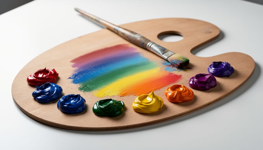 Paint palette showing primary colors mixed into secondary colors on a wooden table