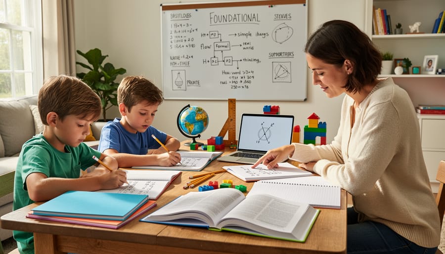 Parent and teen studying at a desk with a pencil, notebook, and compass