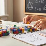 Hands placing colored counters into clear bins next to an open homeschool notebook, illustrating relative frequency in statistics.