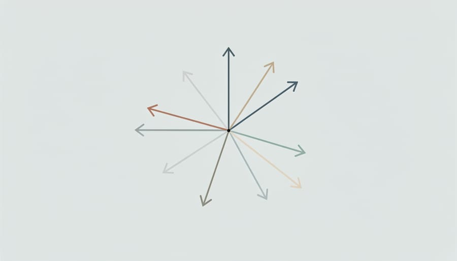 Three uncrossed direction arrows pointing in different directions on a dark tabletop