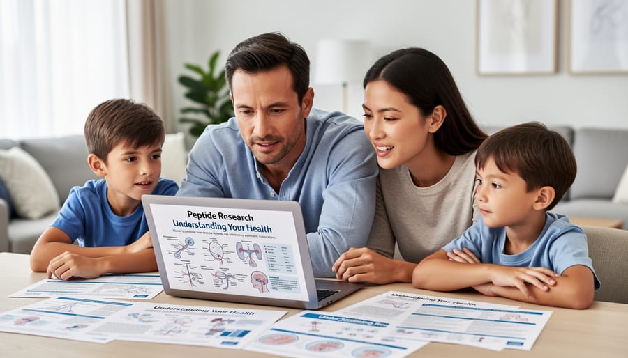 Parent and teenager looking at health information on a tablet at a kitchen table