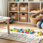 “A parent and kindergartener in a bright, tidy home learning nook with a low table, learning mat, and organized storage baskets.”