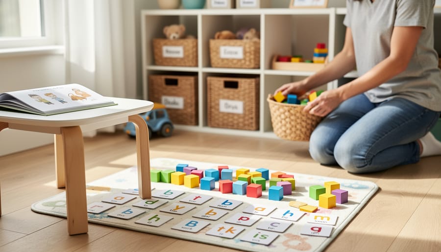 “A parent and kindergartener in a bright, tidy home learning nook with a low table, learning mat, and organized storage baskets.”