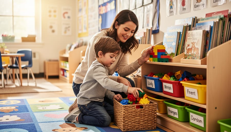 Parent and young child putting toy blocks into a storage bin during a tidy-up routine in a homeschool room.