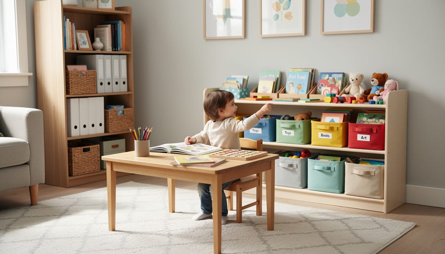 Organized homeschool learning corner with an open book, art supplies, and neatly stored crayons on a low table and rug.